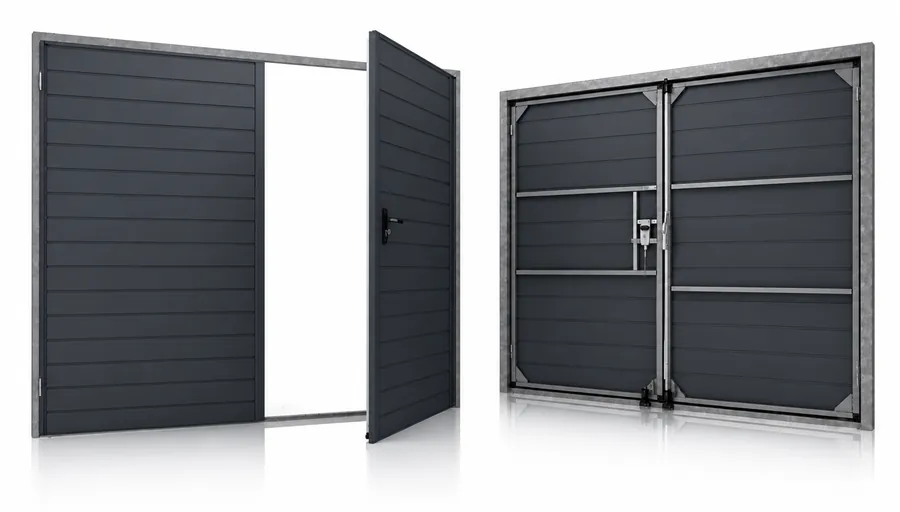 Porte de garage battante DuoSteel à rainures horizontales